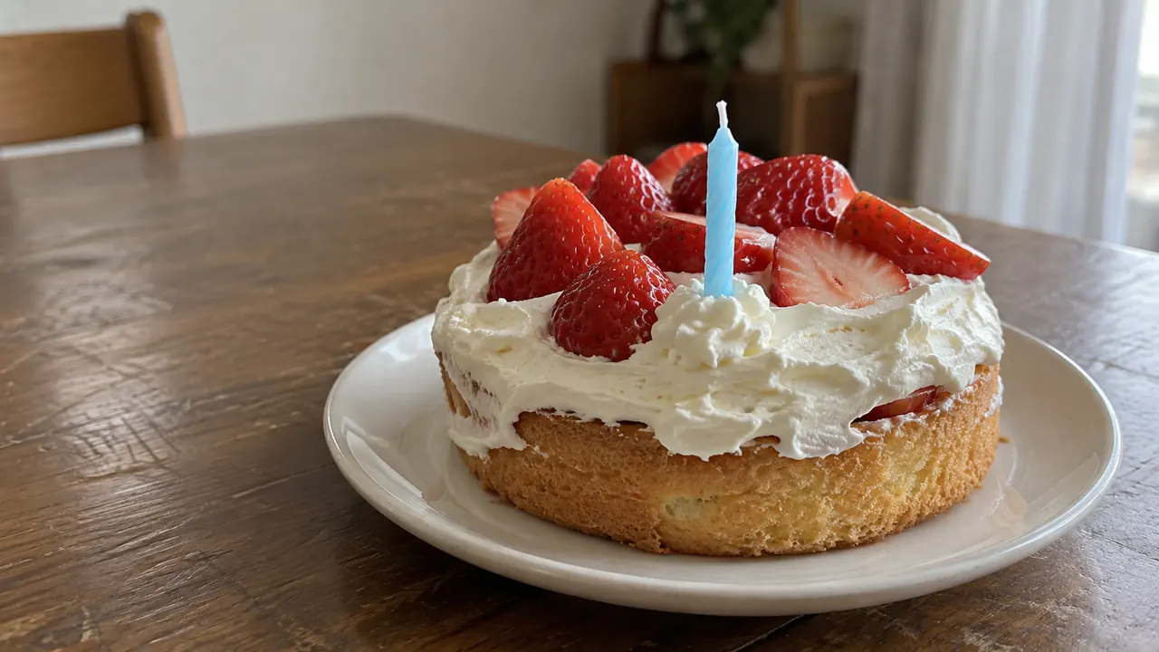 一本のろうそくを立てた手作りのケーキ