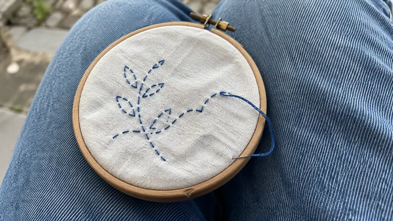 膝の上の刺繍枠と青い縫い目